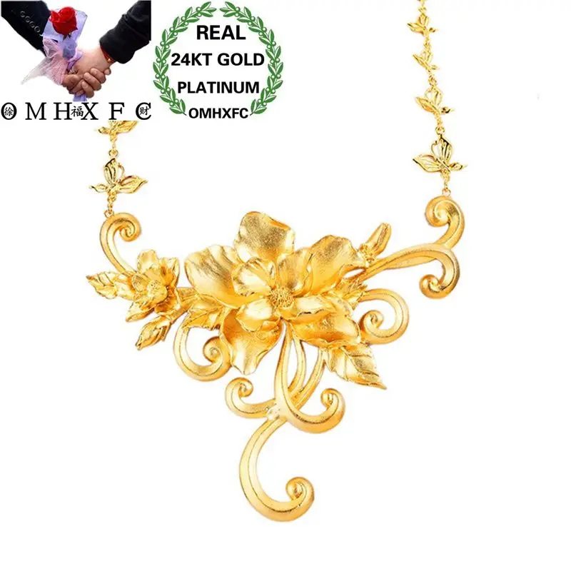 

OMHXFC Wholesale European Fashion Woman Girl Bride Party Birthday Wedding Luxury Vintage Flower 24KT Gold Pendant Necklace EX137