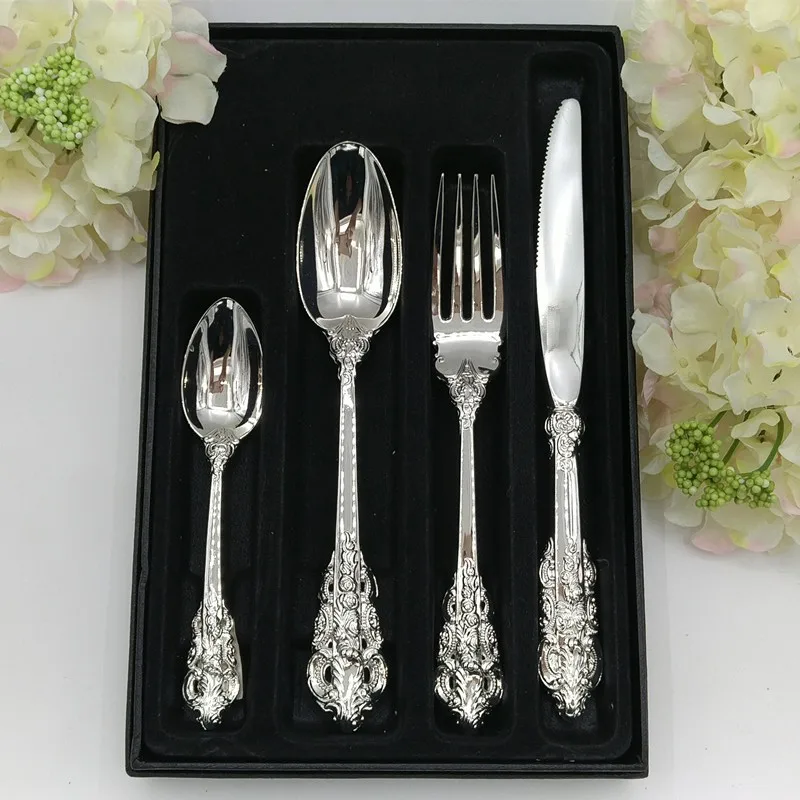 

Hollow Out Handle Silvering Tableware Set Dinnerware Set Fork Main Knife Wedding Gift Set Cutlery Soup Scoop Luxury Box 4pcs/set