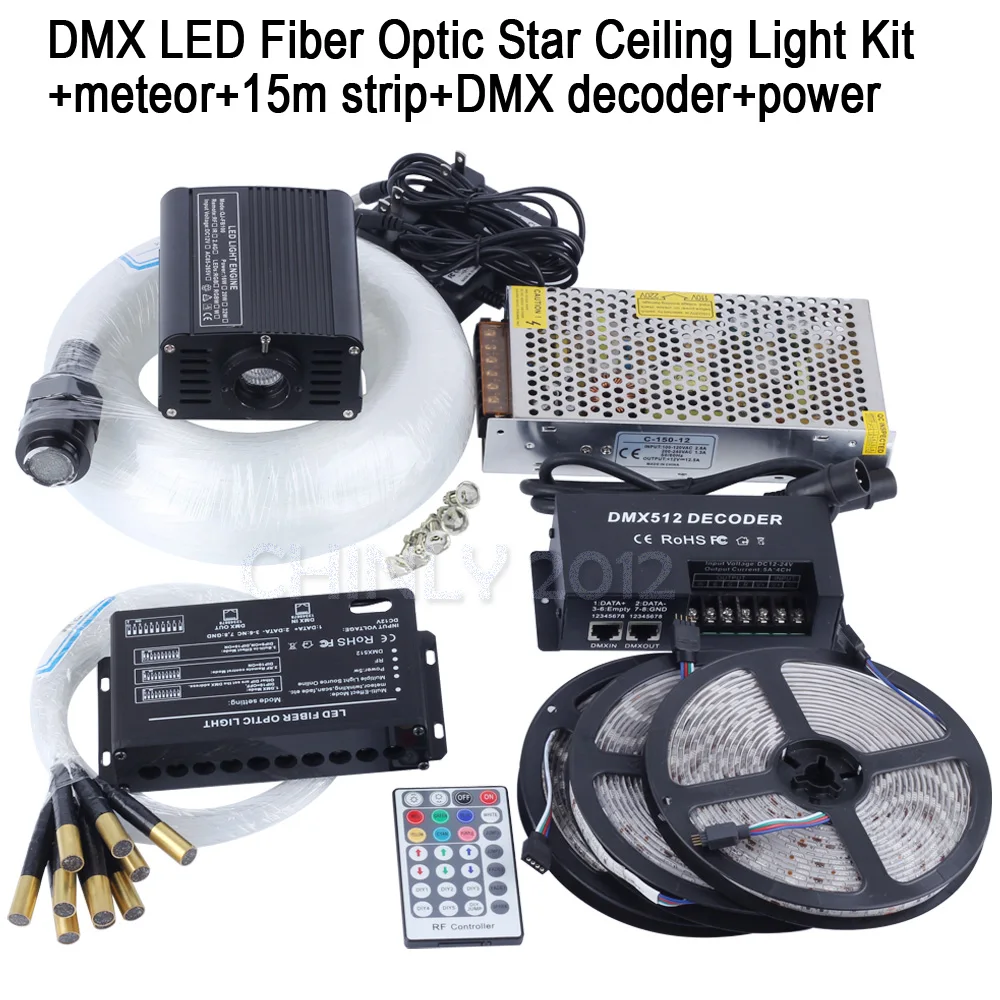 DMX 16W RGBW LED Fiber Optic Star Ceiling Kit Light mixed 335 strands 4m , 0.75mm+1.0mm+1.5mm+meteor+15m strip+DMX decoder+power