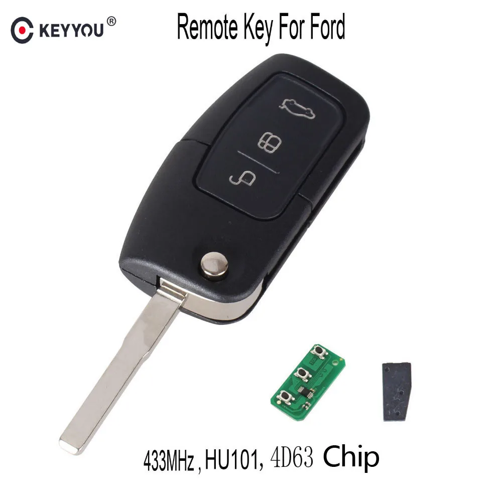 KEYYOU 433 МГц 4D63 чип 3 кнопки флип складной пульт дистанционного управления Управление ключи для Ford Focus Mondeo Fiesta Galaxy C Max с HU101 лезвие
