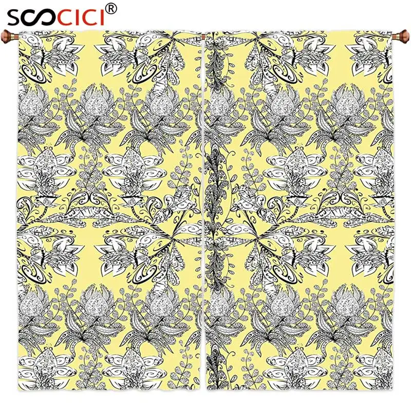 

Window Curtains Treatments 2 Panels,Grey and Yellow Ethnic Indian Bohem Design with Flowers Leaves Swirls and Dots Image Black