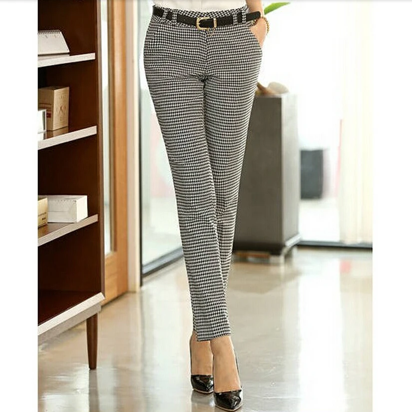  2019 Spring Summer Autumn Women Slim Casual Pants Work Wear Career Houndstooth Pants Straight Penci