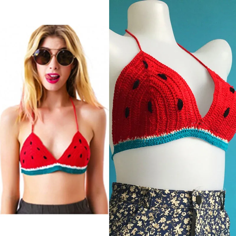 

Hand Woven Bikini Watermelon Sling Sexy Women Crochet Type Knit Beach Bikini Halter Cami Tank Crop Top Swimwear Women Biquini