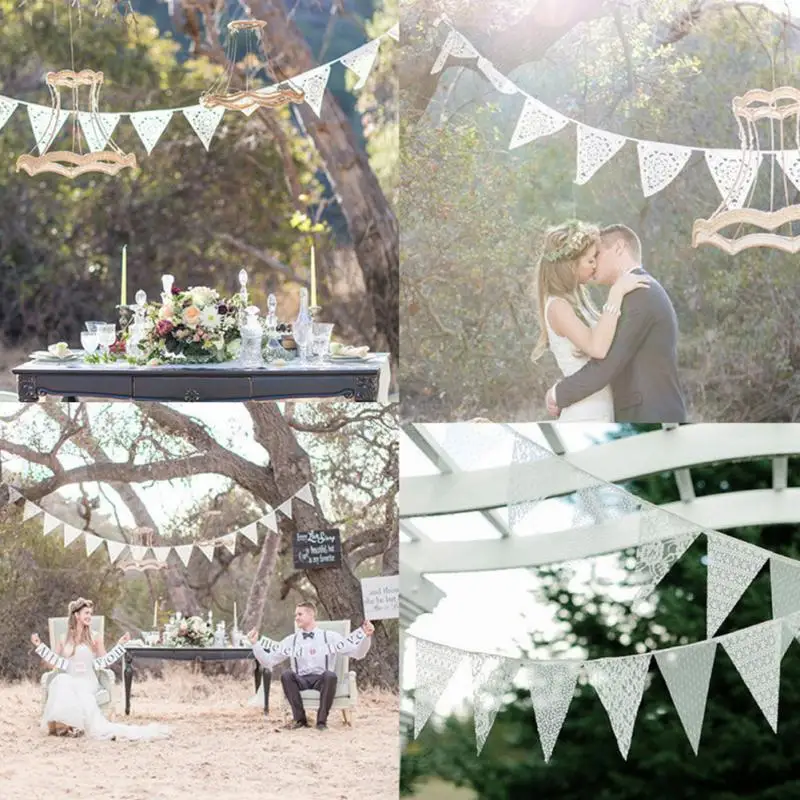 

3.2M 11 Flag White Lace Fabric Banner Pennant Wedding Flag Bunting Decor Party Birthday Garland Wedding Home Decoration