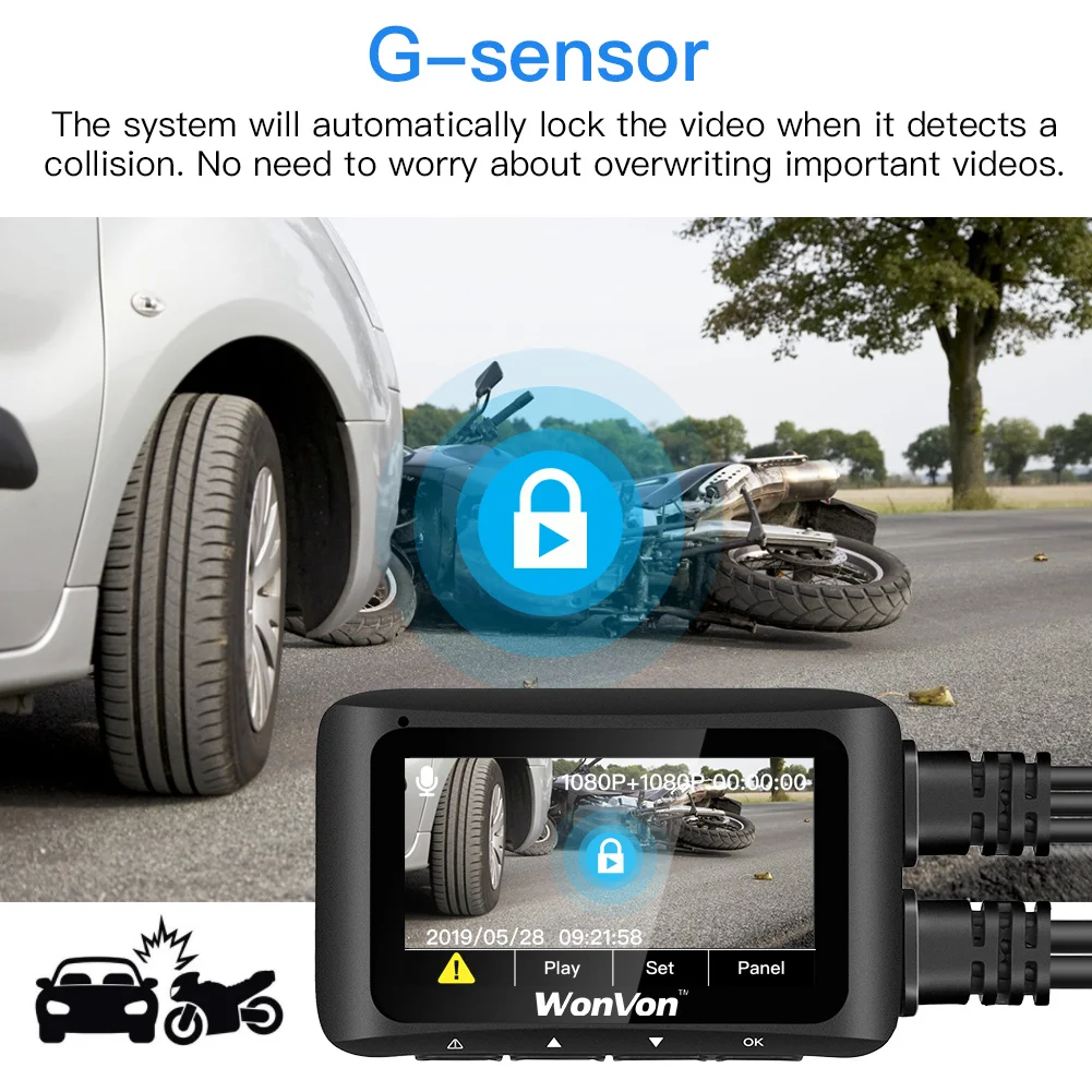 

WonVon MT1 WiFi Motorcycle GPS Dash Cam Sport Camera Dual Lens Full HD Motorbike DVR 2.7'' LCD Front &Rear 1080P Cam Waterproof