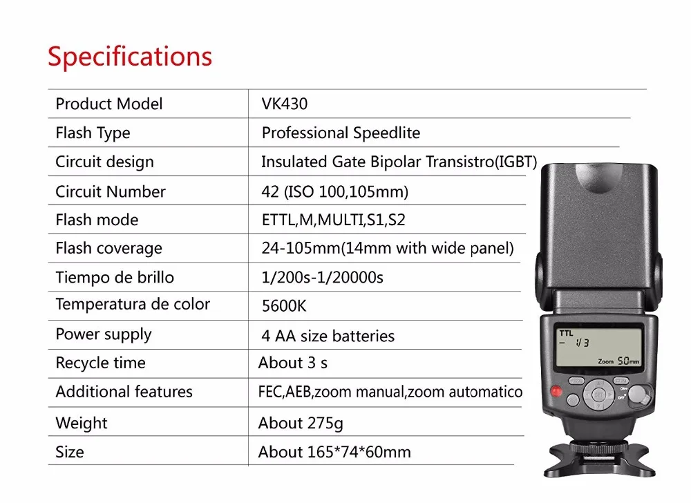 Voking VK430 E-TTL LCD Display Speedlite Shoe
