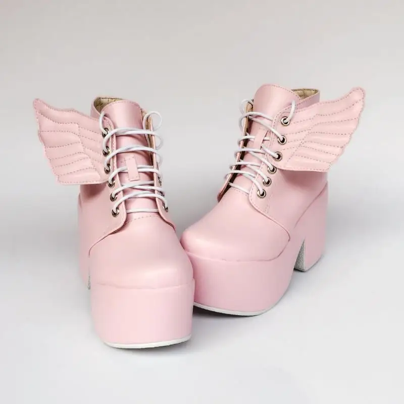 Японские розовые ботильоны в стиле Лолиты на высокой платформе в стиле Харадзюку короткие ботинки для костюмированной вечеринки в стиле Лолиты из искусственной кожи с крыльями ангела