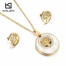 Kalen Mujeres Rhinestone Joyería Conjunto Chapado En Oro de Acero Inoxidable y Turquesa Artificial Árbol de La Vida Colgante Collar Pendientes Establecidas