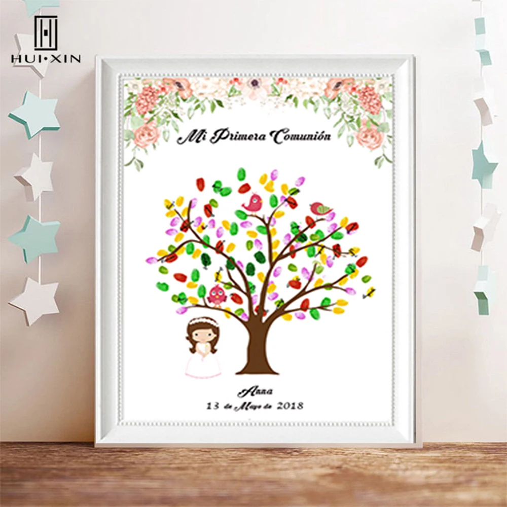 

Delicated Mi Primera Comunion DIY Fingerprint Guestbook Includiing Ink Pad Boys Girls First Communion Souvenir Party Embellish