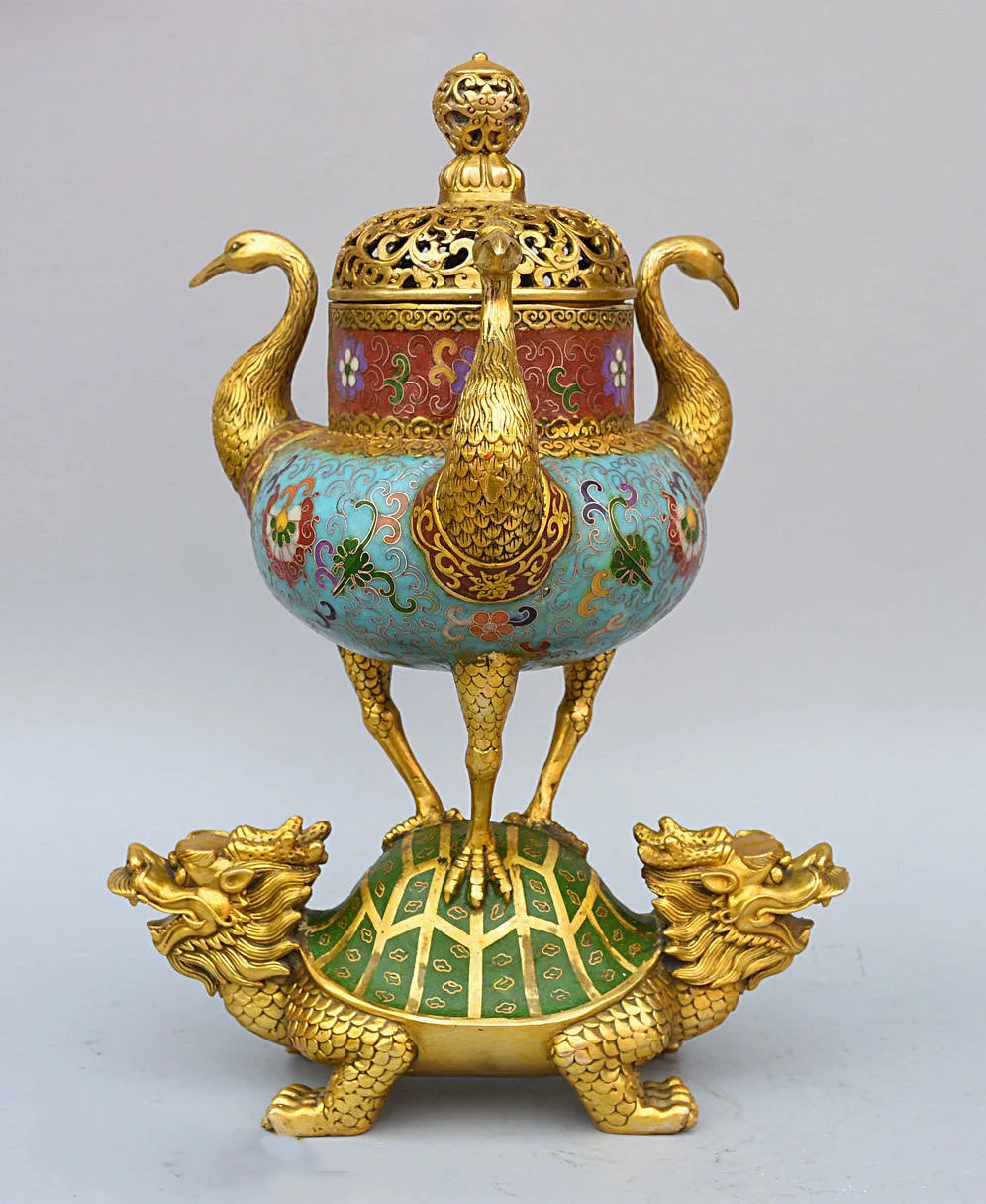 Christmas Chinese Bronze Gilt Cloisonne Longevity Dragon Turtle Crane