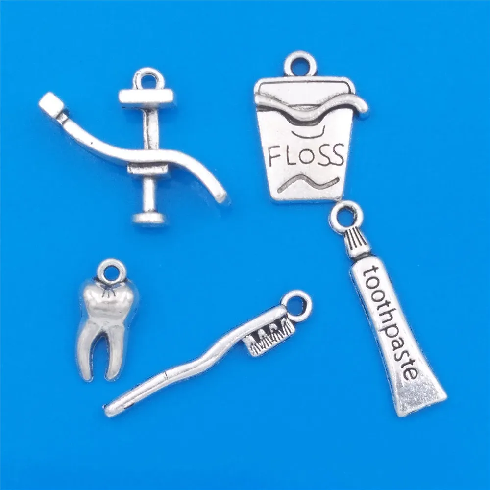 MIXED 30 Dental Hygienist Collection Charms Antique Silver Tone Dentist Chair Floss Tooth Toothpaste Pendant diy Jewelry Making