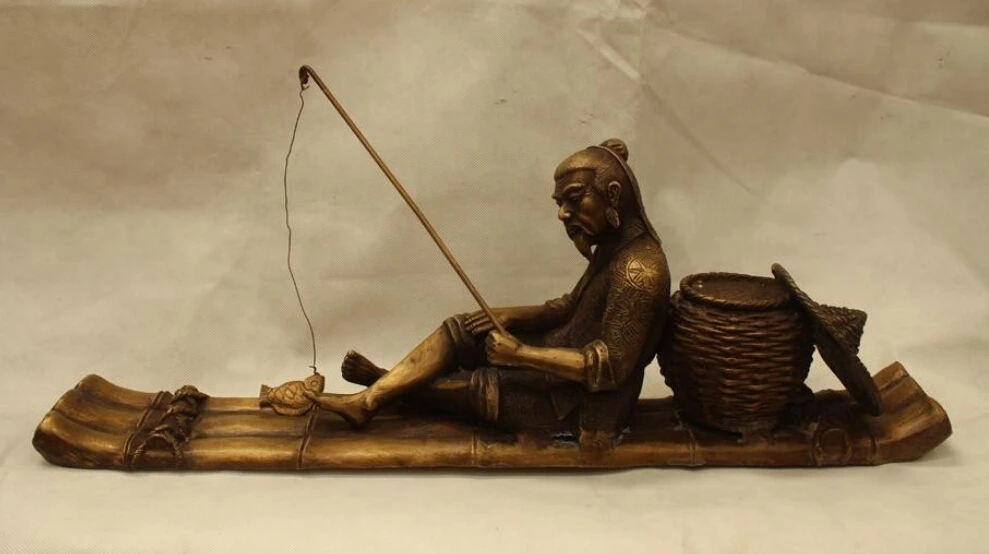 

R0720 Details about 8"China Folk Purple Bronze carving excellent Lifelike Fishing geezer Statue