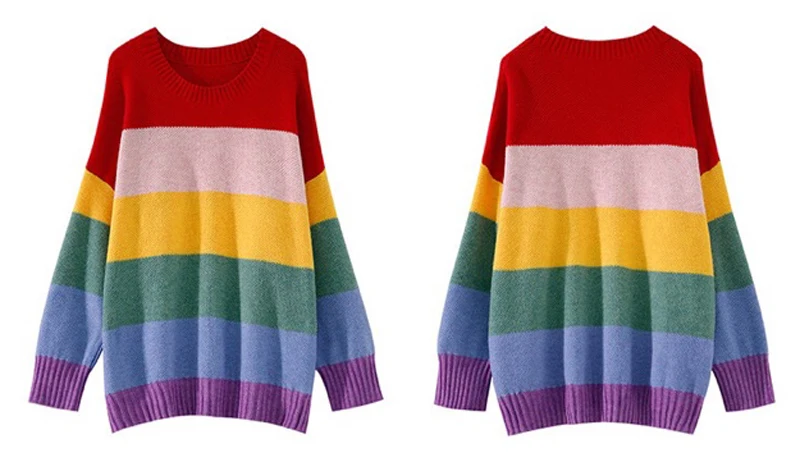 Возможно U свитер для женщин трикотажные пуловеры Длинные рукава Радуга Красочный Полосатый Круглая горловина свободные зимние M0056
