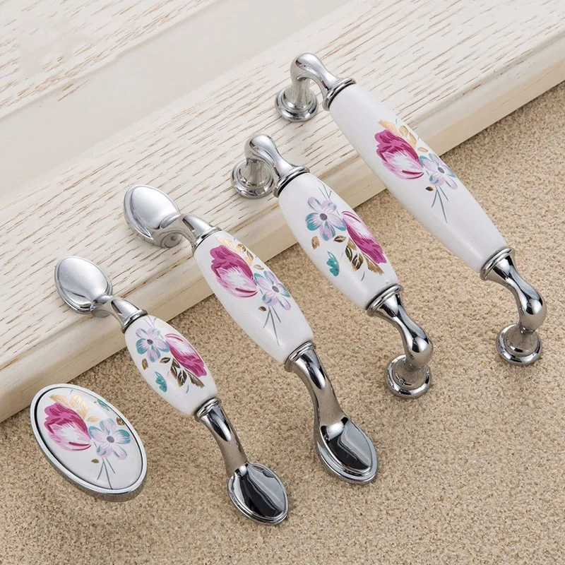 

2 pcs Tulip Ceramic Door Handle Silver Drawer Pulls Vintage Flower Cupboard Kitchen Cabinet Handles and Knobs Furniture Hardware