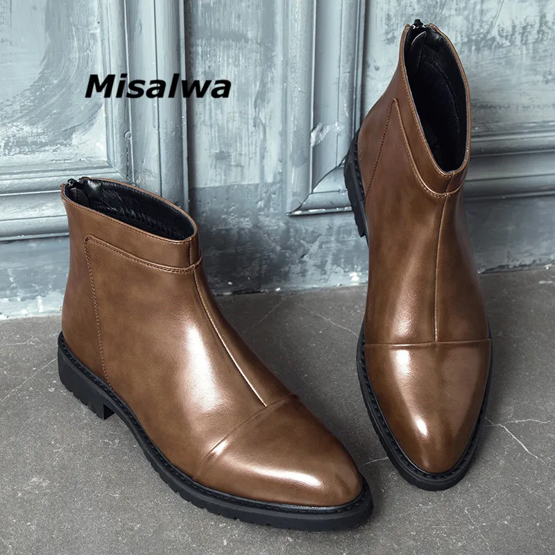 

Misalwa Mens Brown Leather Zip Boots Rivet Business Office Formal Short Ankle Boots Korean Stylish Chelsea Boots For Men 2019