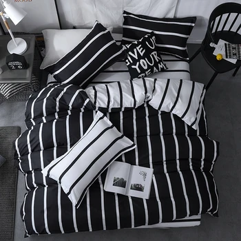 

Black white Classic bedding set striped duvet cover white bed linen set flat sheet set queen king bed set Fashion new bedclothes