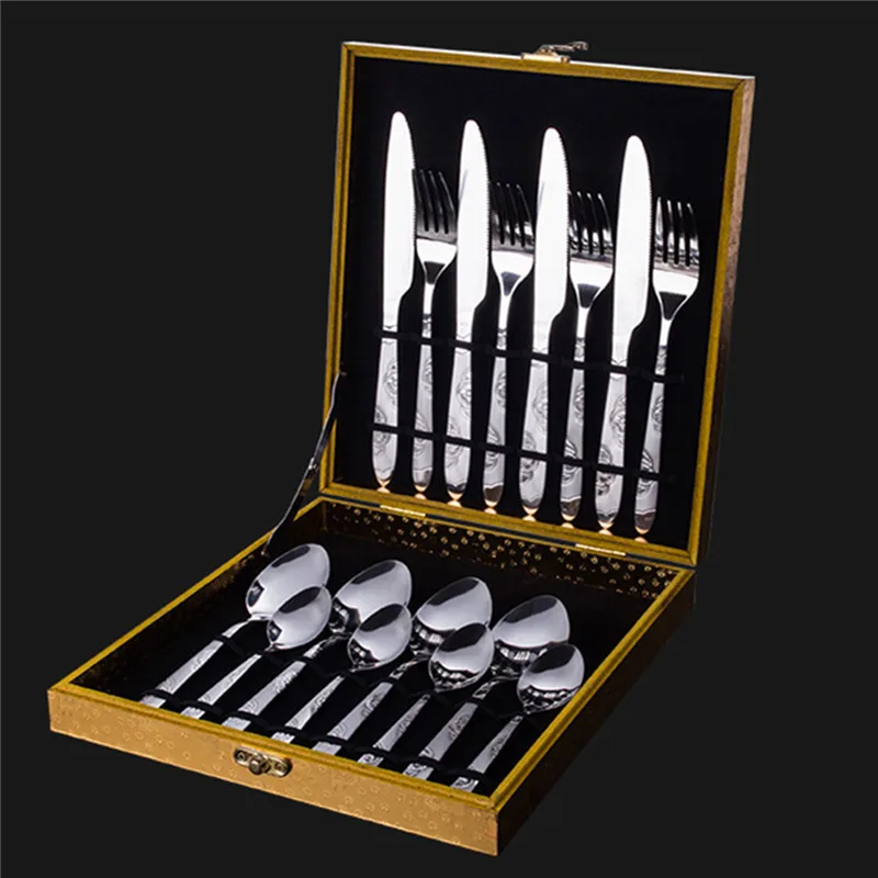 

Mrosaa 16Pcs Stainless Steel Fork Spoon Knife Cutlery Set with Case Steak Knife Coffee Spoon Scoop Tableware Flatware Kit Gift