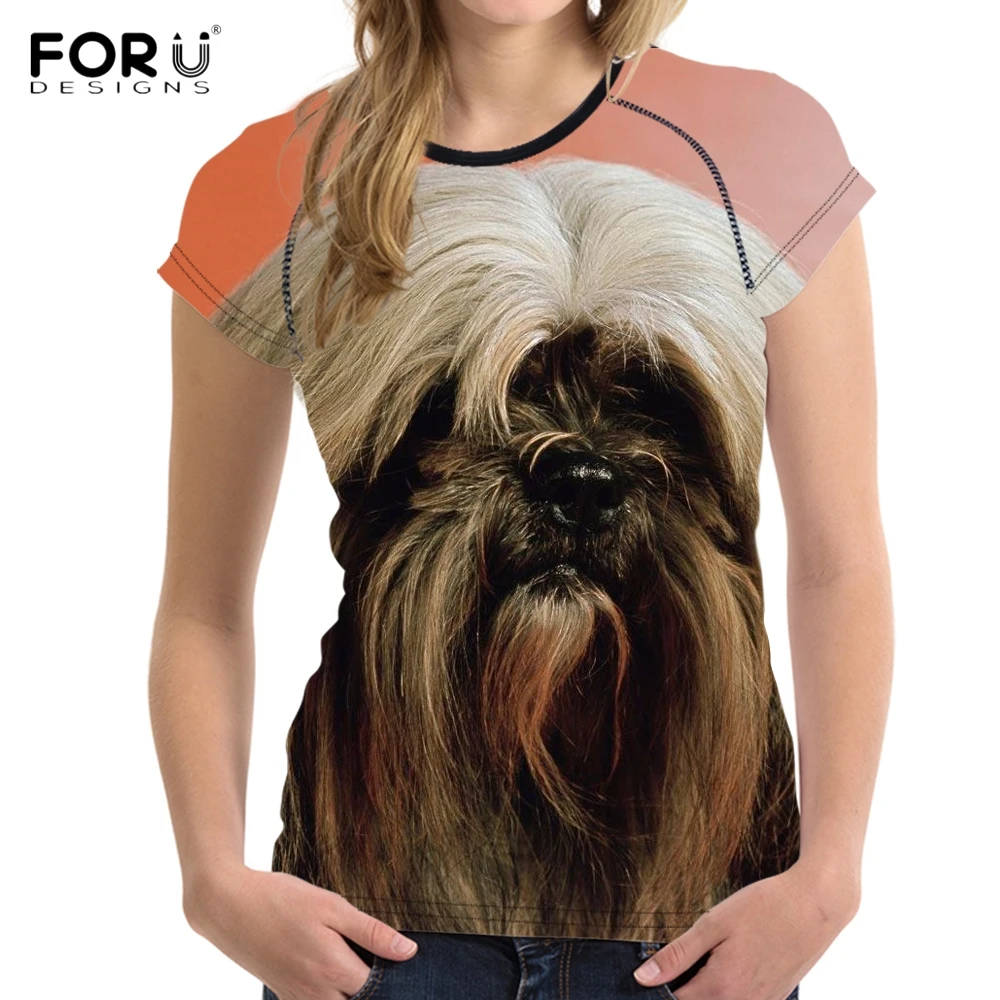 

FORUDESIGNS Funny 3D Dog Lhasa Apso Printed Women T Shirts Harajuku Summer Short Sleeve Tops Tees Clothes Stylish Girls T-shirts