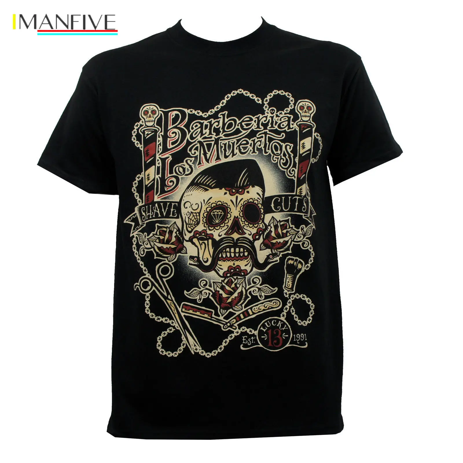 

Authentic LUCKY 13 Barberia Los Muertos Barber Shop Rockabilly T-Shirt S-3XL NEW Unisex Fashion T Shirts top tee