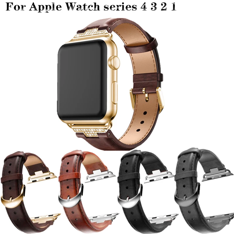 Genuine Leather watch Strap For apple watch band 4 44/40mm Diamond Bracelet for iwatch Series 3 2 1 42/38mm watches accessories