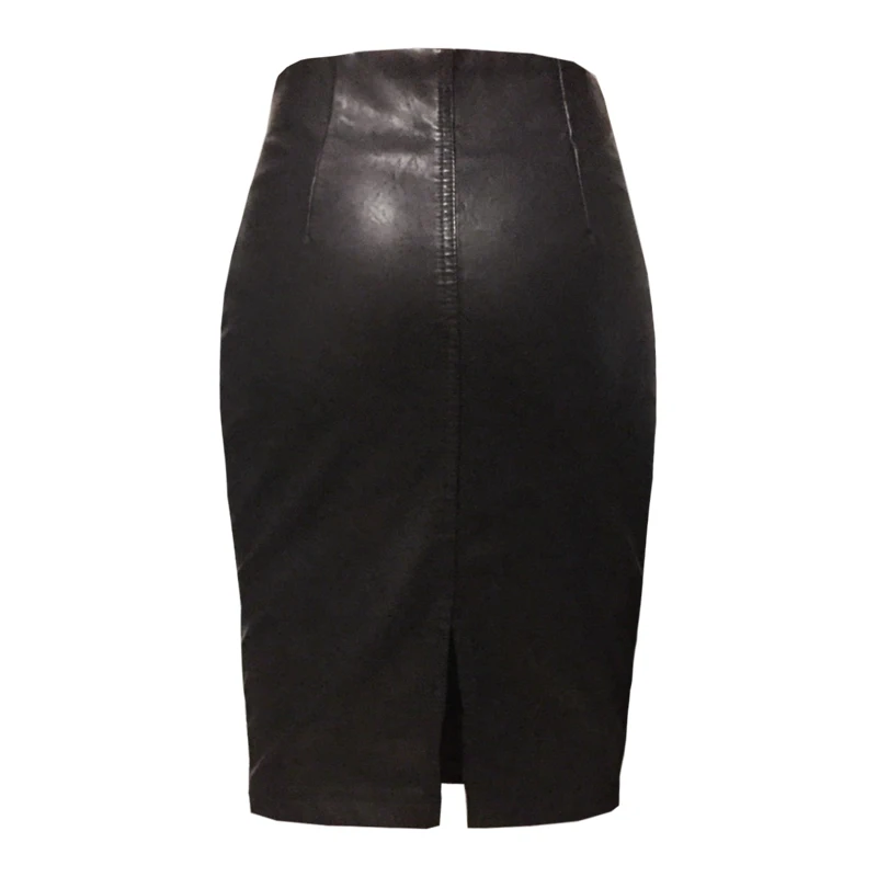 Женская черная юбка-карандаш из искусственной кожи с разрезом, высокая талия, длина до колена, облегающая Офисная Женская юбка, рабочая одежда, Размеры S-XXL