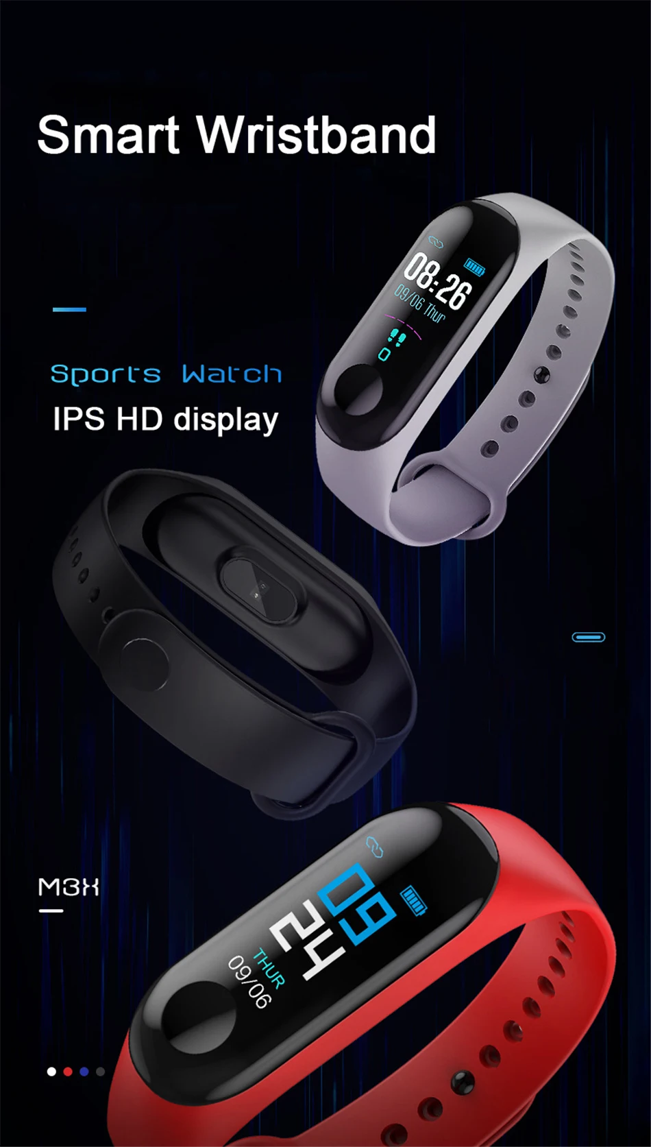 M3 Intelligent Fitness Bracelet Black, IPS Screen, Smartwatch+