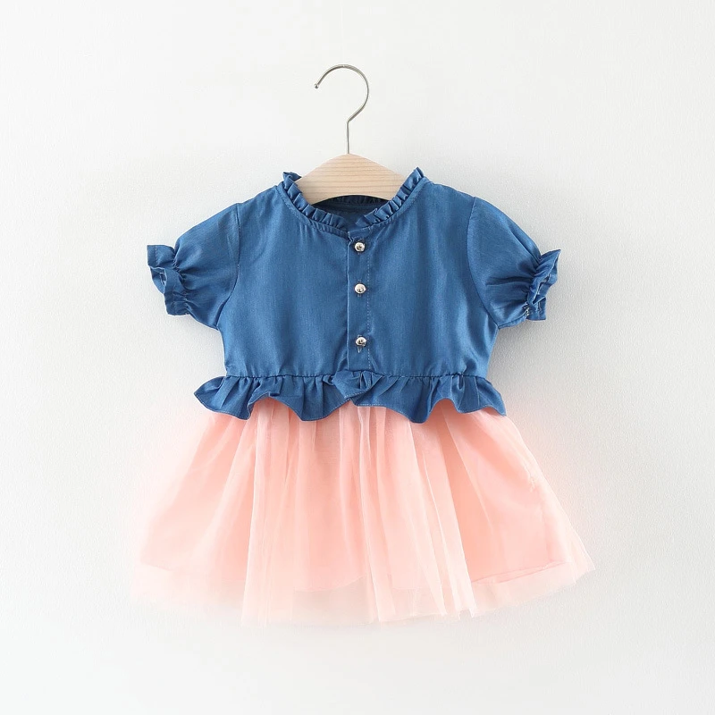 Cute Kids One Piece Dress Girls Ruffled Denim Gauze Tutu Clothes