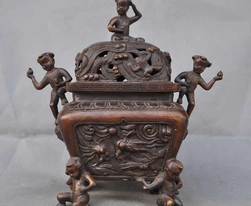 

Marked Chinese bronze Dragon Bufo Toad 7 lucky Boy Statue Incense burner Censer
