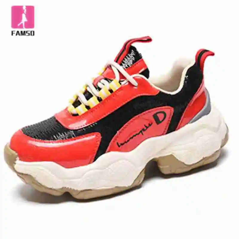 

FAMSO 2019 Chunky Sneakers Mid-Color Genuine Leather Platforms sneakers for women Gold Silver Glitter Women's Walking Tide Shoes