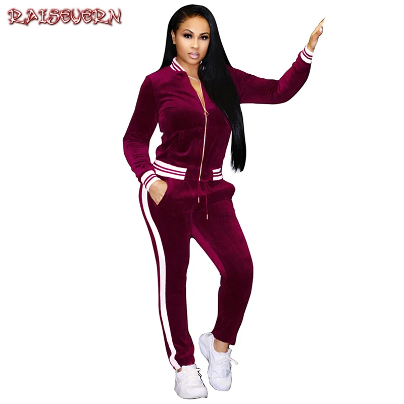 RAISEVERN Two Pieces Women Suits Casual Side Stripe Zipper Coat+pants Velet Suits Autumn Fitness Tracksuit Women 2 Piece Set