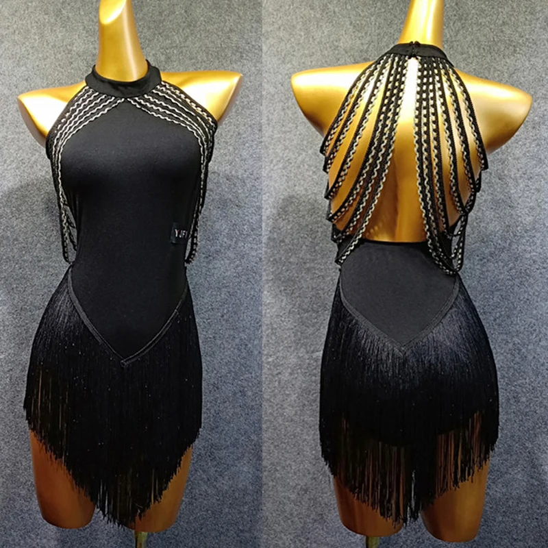 

New Latin Dance Dress For Women Vestido Flecos Black Tassels Open Back Flamengo Rumba/Salsa Dress Competitive Latin Dress VDB492