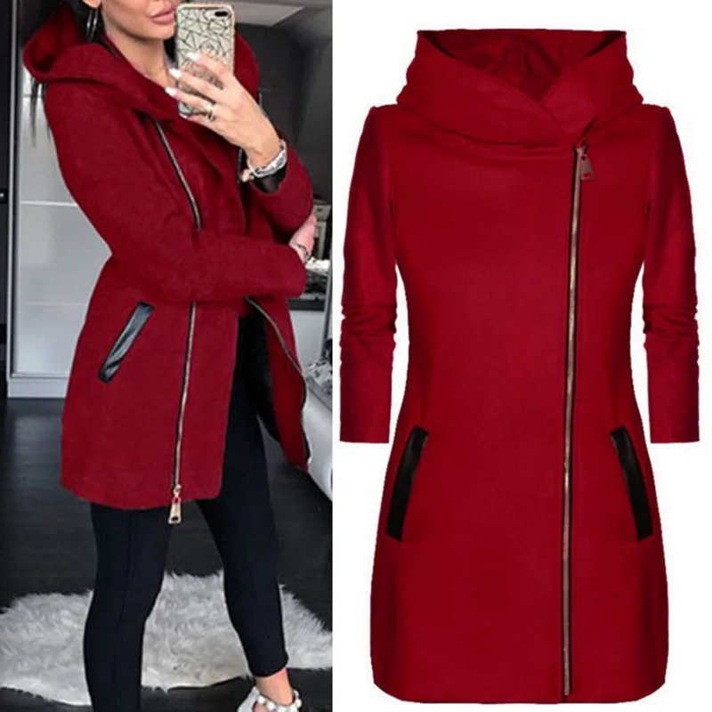 Лидер продаж, повседневное женское пальто, куртка с капюшоном и карманами на молнии сбоку, куртка с длинными рукавами для осени и зимы, высокое качество, одноцветная