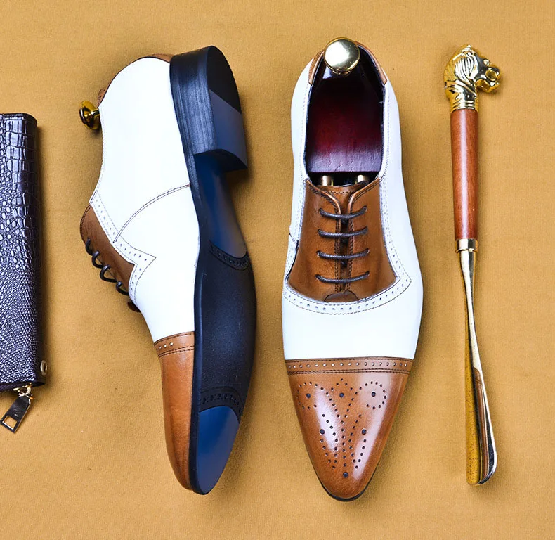 QYFCIOUFU Two-color Stitching Men's Oxford Dress Shoes 2019 Genuine Leather Male Shoe Lace-up Wedding Office Formal Brogue Shoes