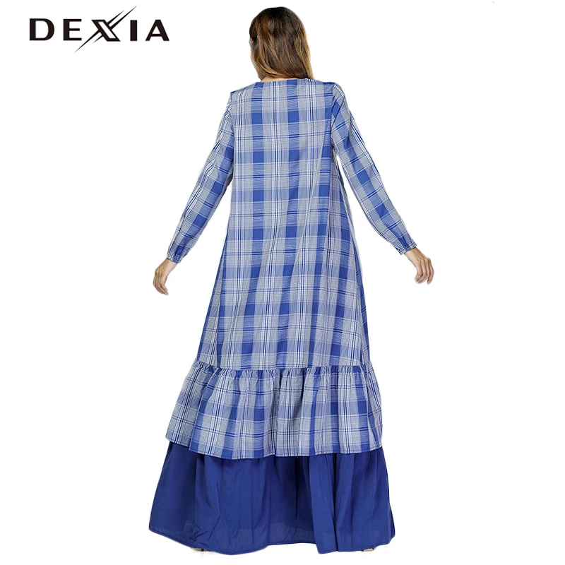 7444 Maxi Plus Bohemian Party Long Blue Sleeve Dexia 4xl Size Spring Plaid Full Dress Robe Women Loose Office 3xl wPPOnqI7T