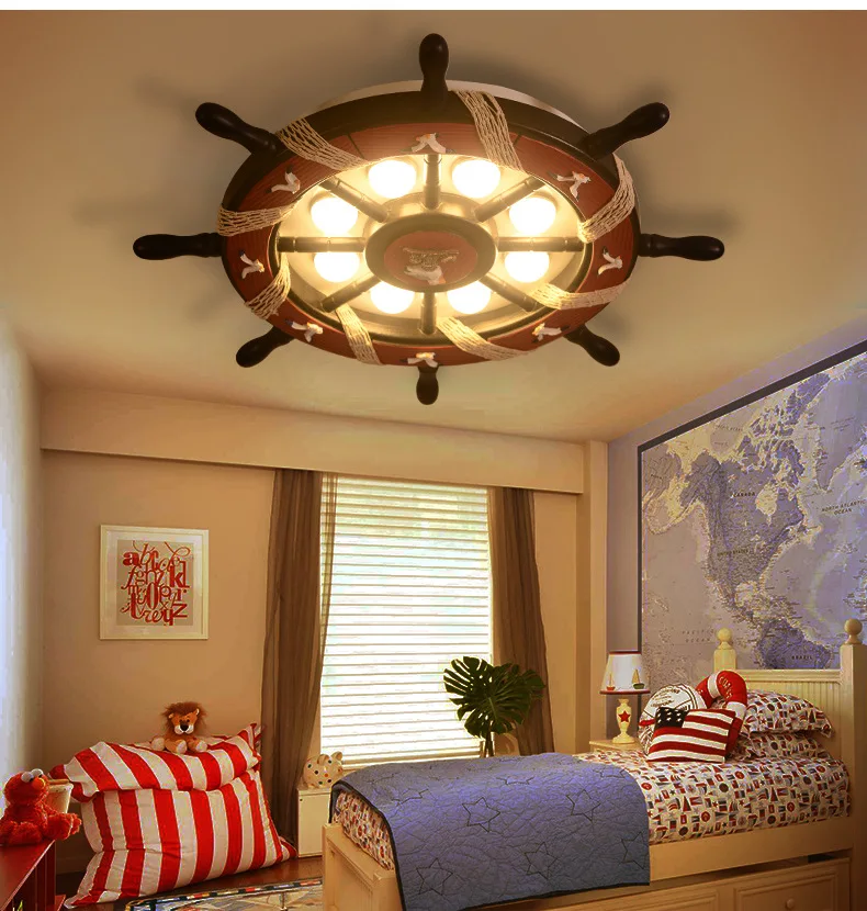 Средиземноморские лампы детская комната потолочный светильник креативный мультфильм Деревянный арт спальня глаз лампа мальчик комната лампа в форме руля