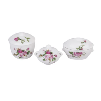 

New 1/12 Dollhouse Miniature 3pcs Doll House Kitchen Casserole Pot Bowl Lid with Floral Pattern Gift 1/12 Dollhouse Decoration