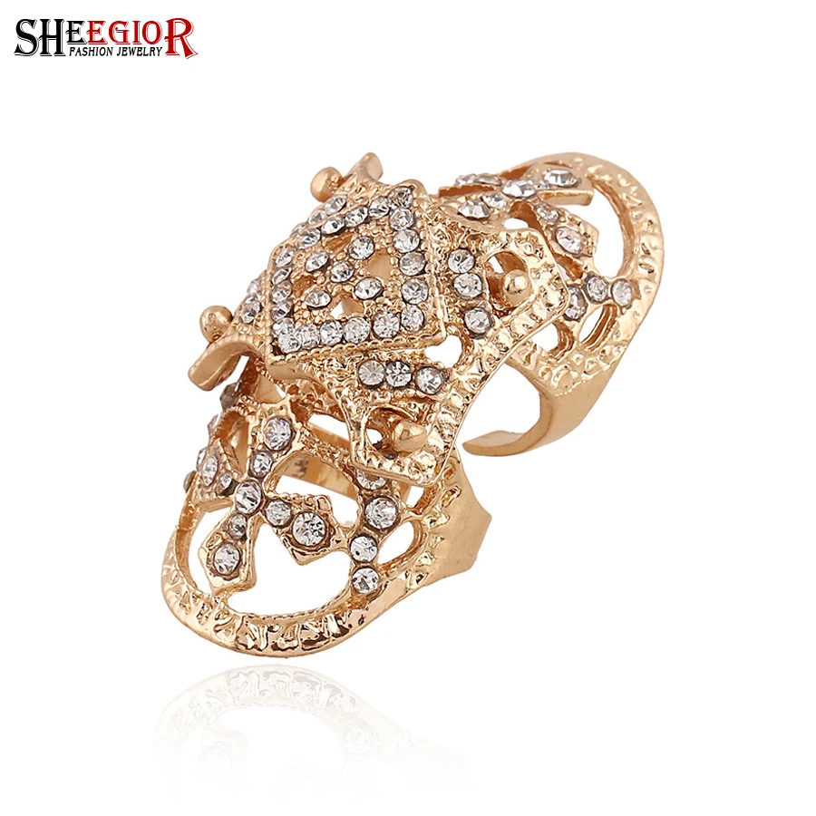 

SHEEGIOR Hollow Flower Cross Full Finger Big Silver Plated Ring Men Long Punk Annel Knuckle Wedding Rhinestone Rings for Women