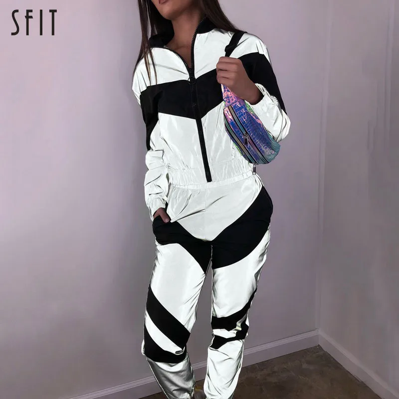 

SFIT Women Tracksuits 2 Piece Set Reflective Zipper Crop Top Pants Fashion Female Female Loose Shine Jacket Coat Trouser Plus
