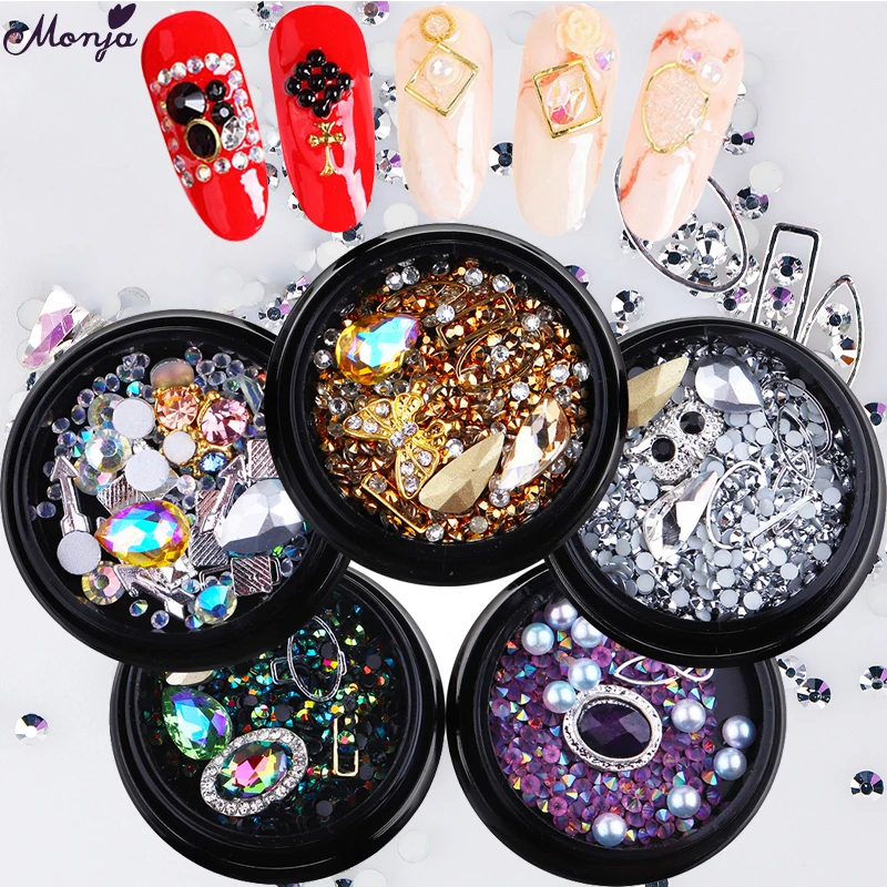 

Monja 5 Styles Nail Art Mixed Design Shiny Crystal Rhinestones Butterfly Owl Geometric Shaped Pearl Gems DIY Manicure Decoration