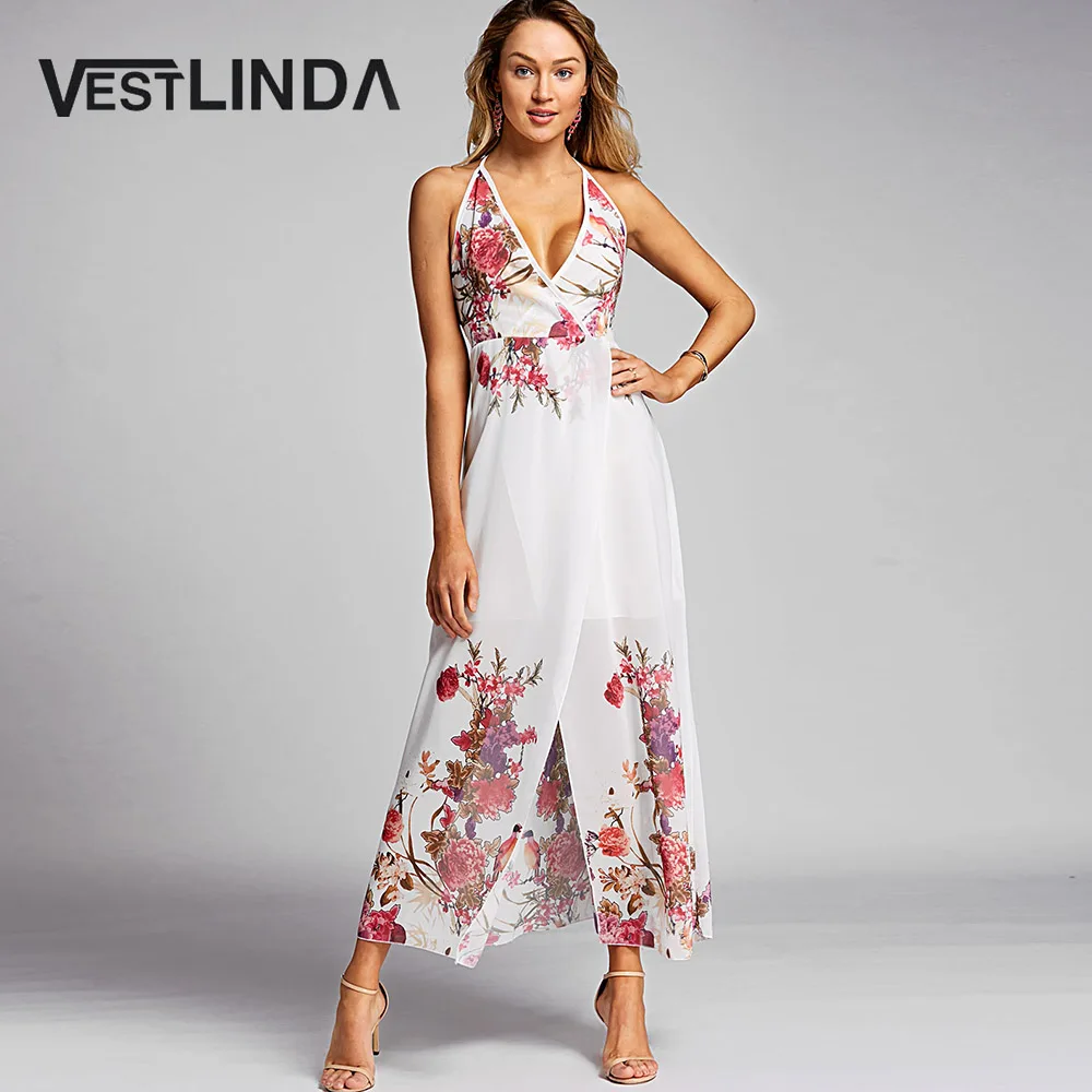 Halter Backless High Slit Floral Printed Sleeveless Maxi Dresses