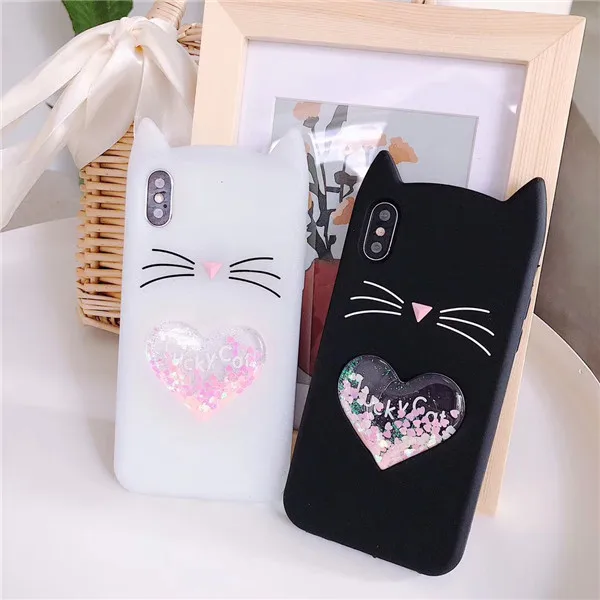 

3D cartoon Smile Black Cat Ears Beard Glitter Liquid Quicksand Soft Silicone phone Case Cover For iPhone X/5/5S/SE/6/6s/7/8/Plus