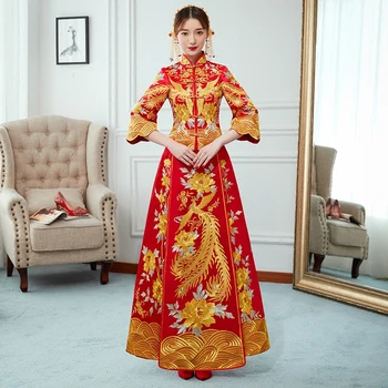 

Exquisite Ancient Women Wedding Clothes Embroidery Phoenix&Floral Qipao Chinese Style Bride Dress Red Marriage Cheongsam Suit
