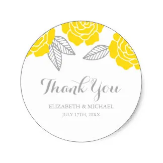 

3.8cm Modern Yellow and Gray Rose Wedding Thank You Classic Round Sticker