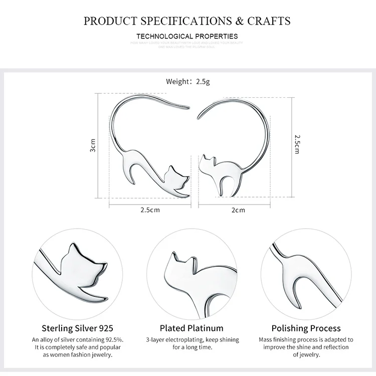 BISAER кошка 925 пробы серебряные милые животные маленькая кошка серьги гвоздики киска котенок Brincos женские корейские модные серьги ювелирные изделия