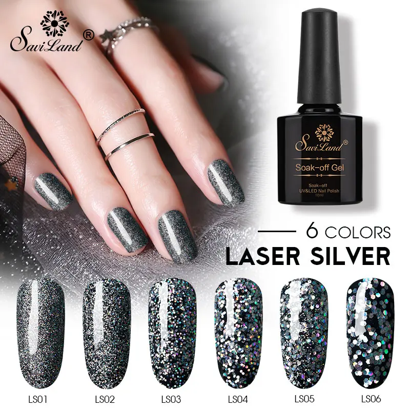 

Saviland Laser Silver Glitter Nail Gel Polish AB Color Nail Art Holographic Sequins UV Gel 10ml Silver Sparkle Gel Varnish