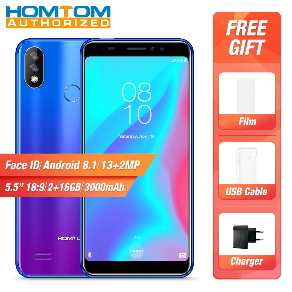 HOMTOM C8 4G смартфон 5,5 ''android 8,1 MTK6739 4 ядра 1,3 ГГц 2 Гб Оперативная память 16 Гб Встроенная память 13.0MP отпечатков пальцев Face ID 3000 мАч мобильный телефо...