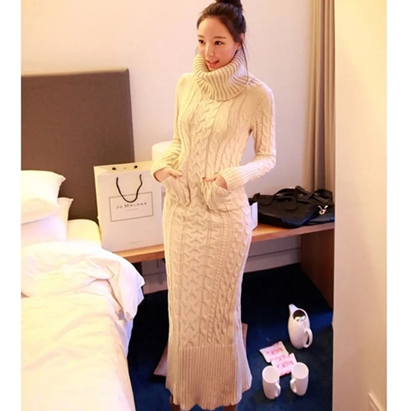 YAGENZ осенне-зимняя женская одежда, вязаный свитер, платье, модное длинное женское платье с высоким воротником и длинным рукавом, свитер, платье 544 - Цвет: Beige white