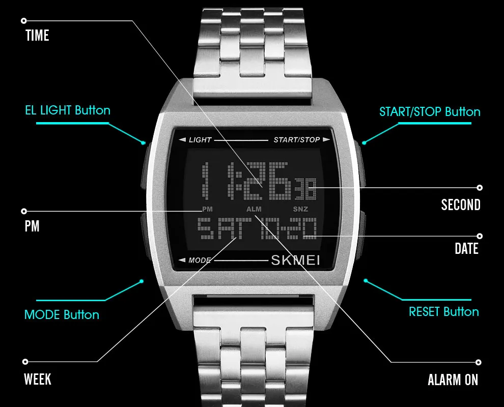 SKMEI 1368 мужские цифровые наручные часы с ремешком из нержавеющей стали, светящиеся часы с датой недели 12/24 часов, мужские водонепроницаемые часы