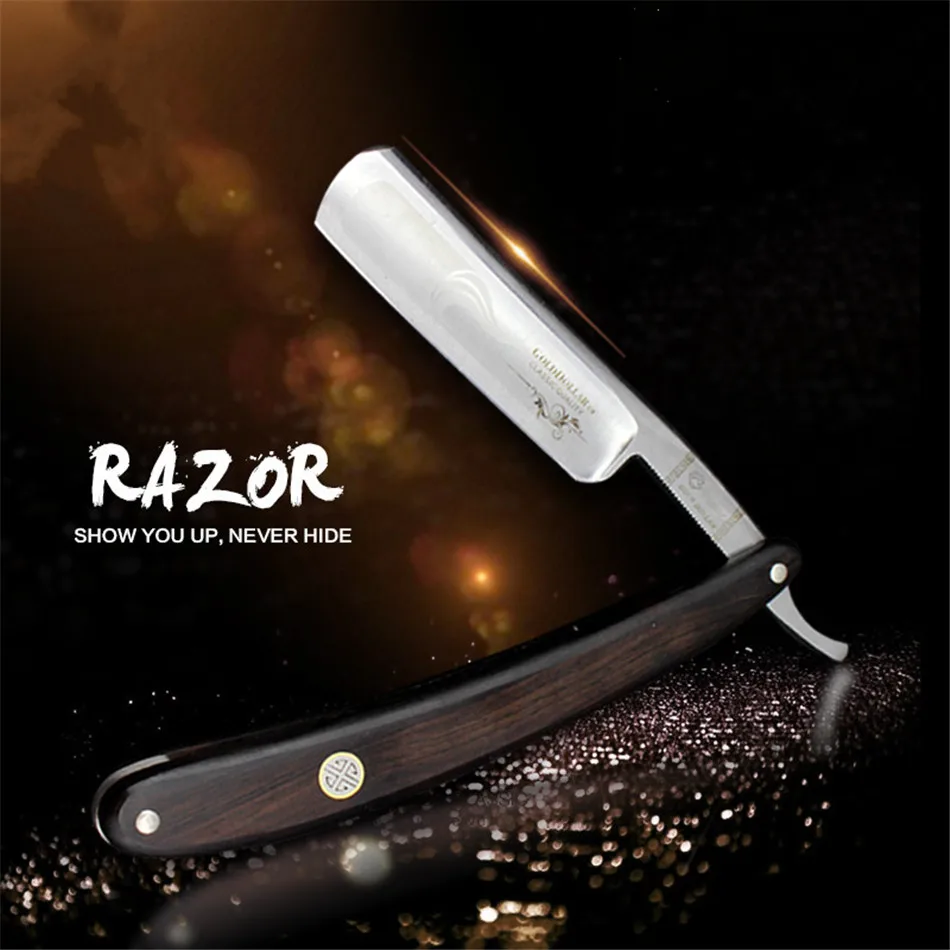 Baratos Los hombres plegables de borde recto Barbero de hoja de acero inoxidable de alta calidad de la maquinilla de afeitar del pelo de afeitar herramienta mango de ébano