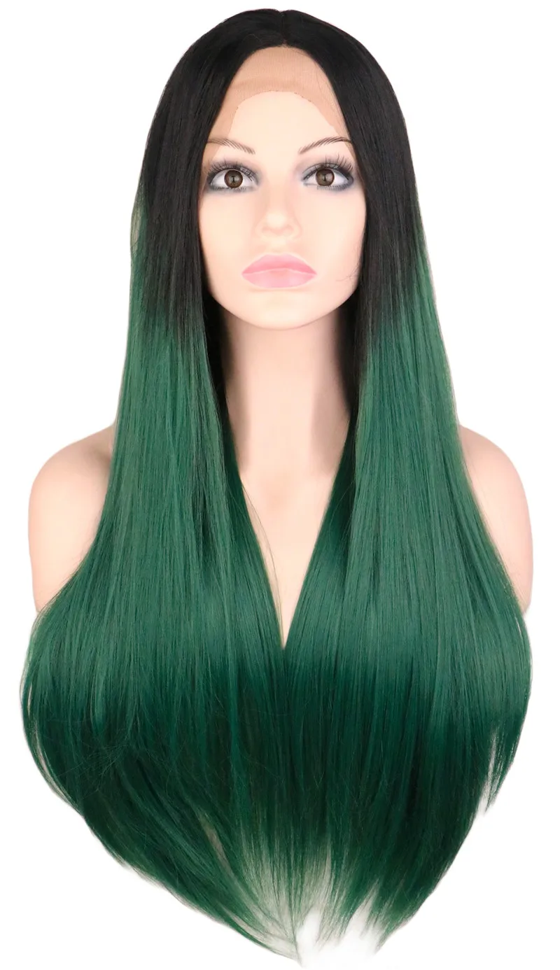 QQXCAIW Women Glueless Long Straight Lace Front Wig Black Ombre Green